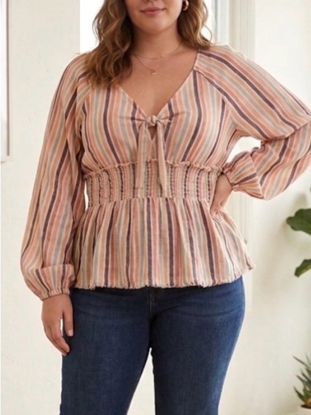 True Craft Striped Smocked Tie Front Peasant Top XL Beachy Boho Cowgirl